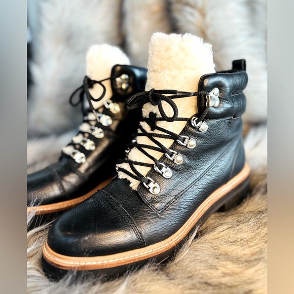 Marc Fisher LTD Idella Black Leather Shearling Boots - Picture 2 of 9
